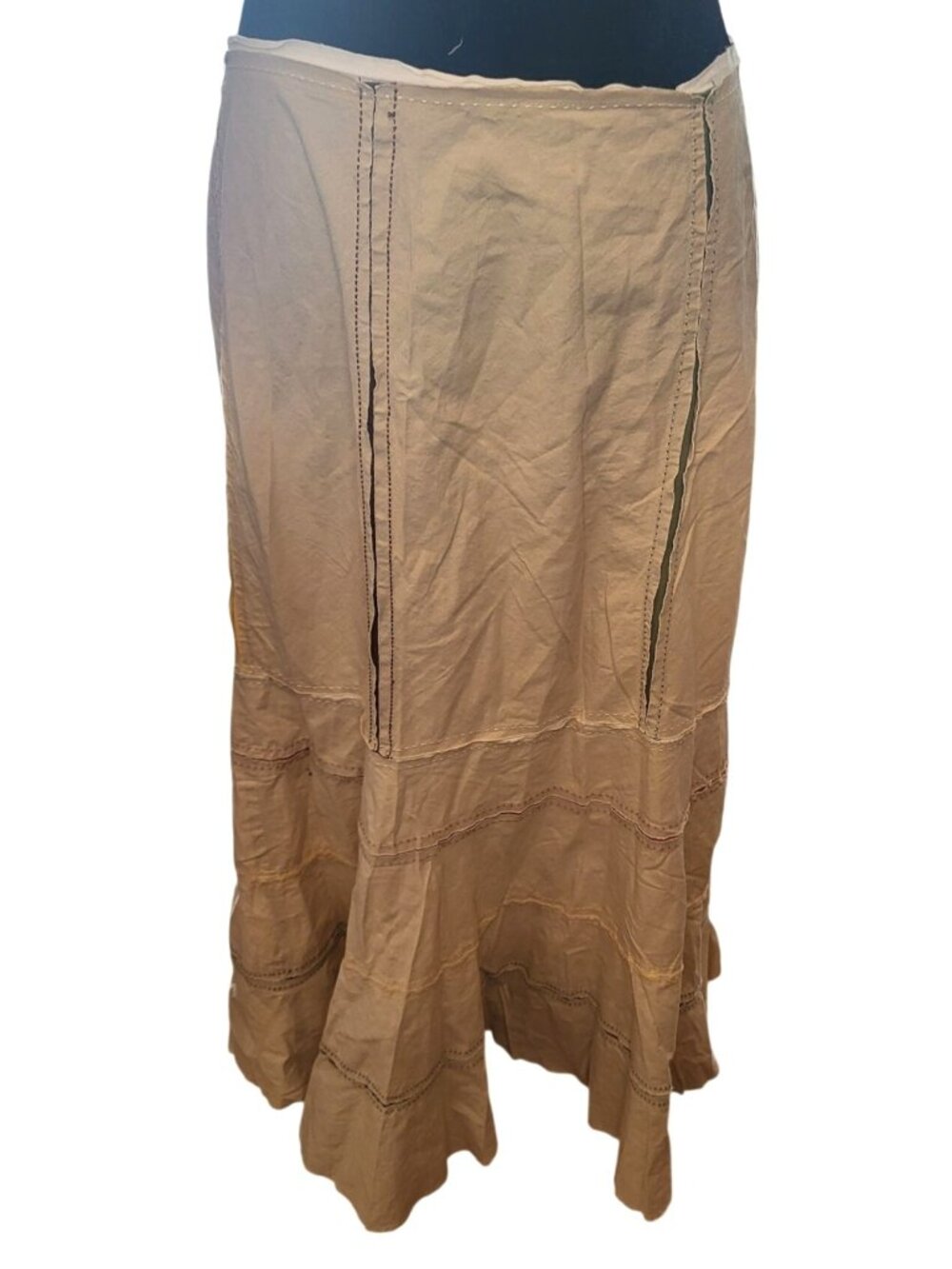 Cato Y2K Khaki Paneled Trumpet Maxi Skirt Unfinished Hem 8 Grunge Fairy Boho 00s